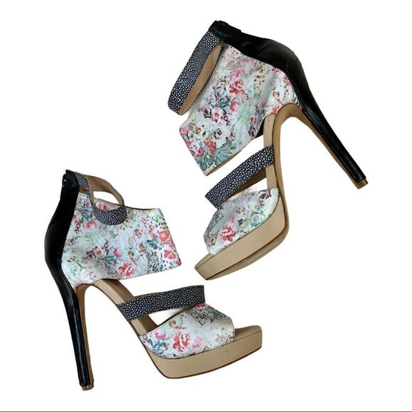 Nicole Miller Floral Cuff Ankle Platform Heels Sandals 9 - Picture 2 of 11